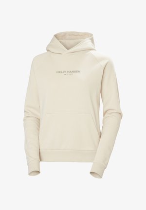 Haut à capuche couleur crème avec une poche avant, arborant un logo gris. Fabriqué en tissu doux avec une coupe décontractée et un cordon de serrage.