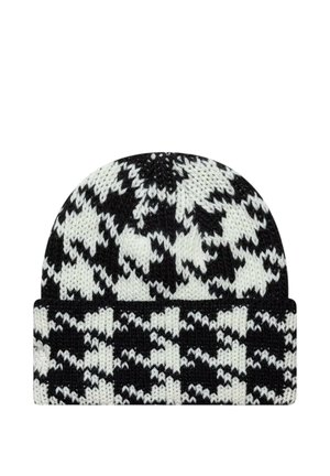 Schwarz-weiß gestrickte Mütze mit umgeschlagenem Saum, die ein markantes Hahnentrittmuster im gesamten Stoff zeigt.