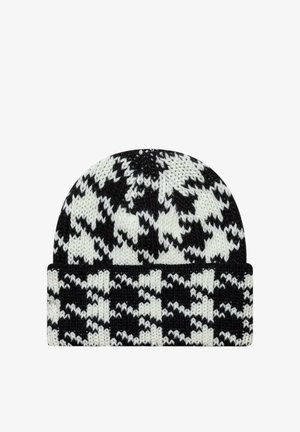 Cappello a berretto lavorato a maglia bianco e nero con risvolto, caratterizzato da un audace motivo pied-de-poule su tutto il tessuto.