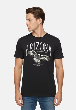 Black cotton t-shirt featuring a white graphic print of an eagle and "ARIZONA" text, crew neck, short sleeves, and a regular fit.