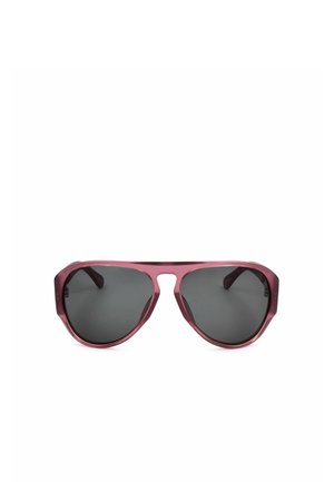 Occhiali da sole con lenti scure e montatura viola lucida, con doppio ponte e forma aviator arrotondata.
