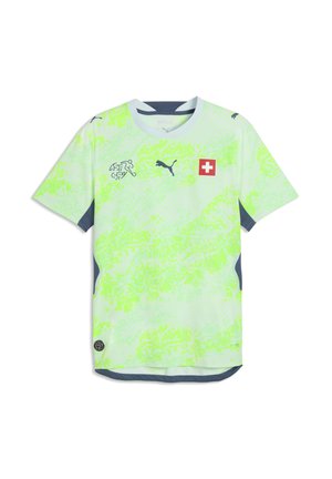 Hellgrün-weiß marmoriertes Kurzarm-Sporttrikot mit Puma-Logo, Schweizer Flagge und Emblem des Schweizerischen Fußballverbands auf der Brust.