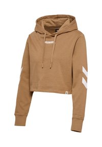 Brun cropped hoodie med snore foran, hvid "HUMMEL" logo på brystet og hvide chevronstriber på ærmerne.