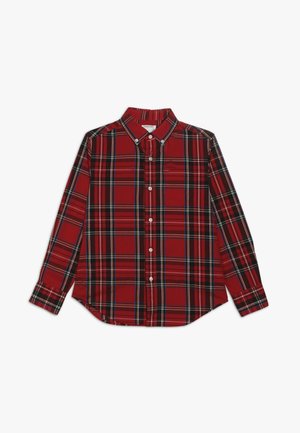 Camisa de cuadros roja de manga larga con botones blancos y cuello, con rayas negras, amarillas y azules en el patrón.