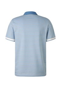 Polo-shirt in lichtblauw met witte horizontale strepen, korte mouwen en een lichtblauwe kraag. Gemaakt van zachte, ademende stof.