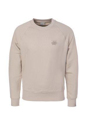 Beżowa bluza z okrągłym dekoltem i długimi rękawami oraz ściągaczami przy mankietach, z małym haftowanym logo na lewej piersi.