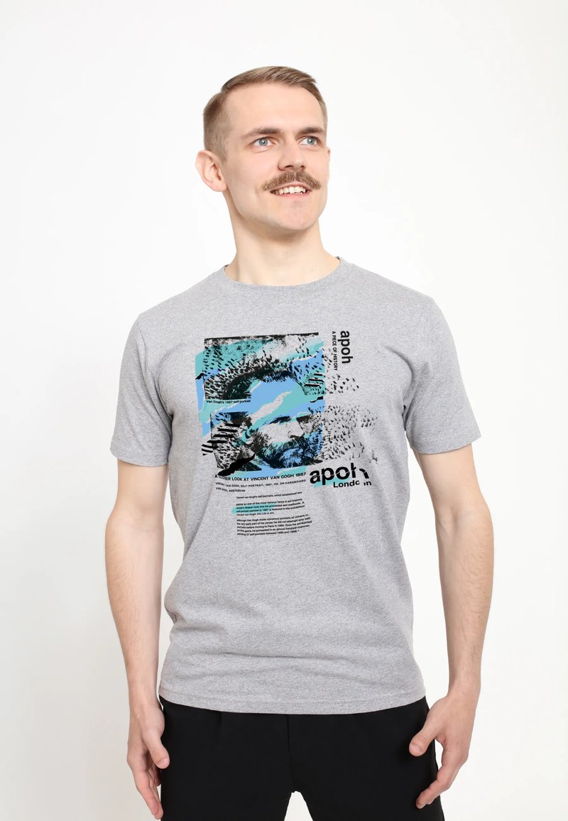 Šedé bavlněné tričko s grafickým designem s modrými a černými akcenty, včetně textu a uměleckého zobrazení Vincenta van Gogha.