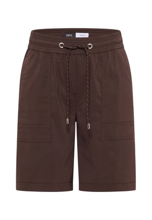 Bruine knielange shorts met elastische tailleband en zwarte trekkoord, voorzien van voorzakken en gestikte details.