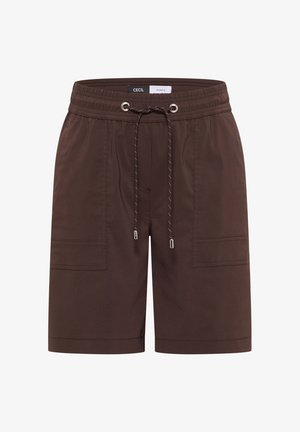 Pantalones cortos marrones hasta la rodilla con cintura elástica y cordón negro, con bolsillos delanteros de parche y detalles cosidos.