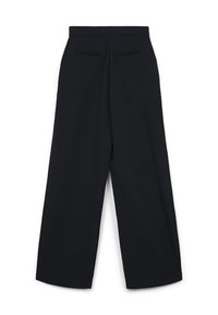 Schwarze, weit geschnittene Hosen mit glatter Textur, hoher Taille, zwei Gesäßtaschen und klaren, minimalistischen Designlinien.