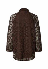 Veste en dentelle marron foncé à manches longues avec motifs floraux et géométriques, vue de dos sur fond blanc.