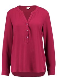 Langmouw magenta blouse van lichtgewicht stof, met een V-hals, knoopsluiting en een lichte high-low onderzoom voor een ontspannen pasvorm.