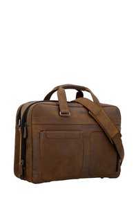 Brun læder forretningstaske med to topbærer og en aftagelig skulderrem. Har flere yderlommer og en tekstureret overflade.