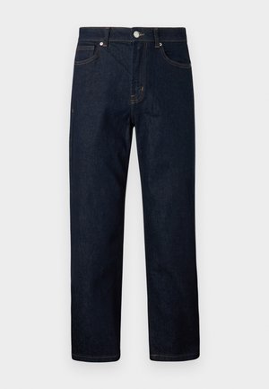 Mörkblå raka jeans med klassisk femficksdesign och knappstängning, visade på vit bakgrund.