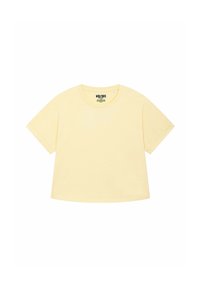 T-shirt in cotone giallo con colletto rotondo e maniche corte, caratterizzato da una vestibilità larga e senza motivi o accenti visibili.