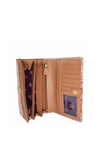 Beige leren portemonnee met een bloemenpatroon aan de binnenkant, meerdere kaartvakjes, een ritssluiting en een magnetische druksluiting.