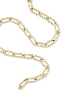 Guld metal kæderek herskab, der har forlængede, sammenflettede led med en glat, blank finish og uden synlige udsmykninger.