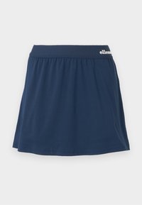 Jupe-culotte en tissu doux bleu marine avec une taille élastique. Présente un design froncé et un petit logo sur la taille.