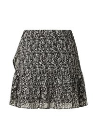 Schwarz-weißer gemusterter Rock aus leichtem Stoff, mit einem ausgestellten Design und einem gerafften Saum, der eine subtile, strukturierte Oberfläche aufweist.