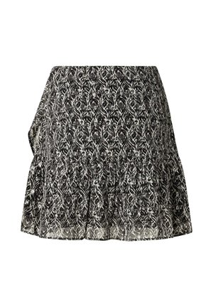 Juoda ir balta raštuota sijonas, pagamintas iš lengvos medžiagos, su platesniu dizainu ir raukiniais apatine dalimi, turintis subtilų, tekstūruotą apdailą.