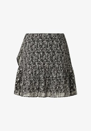 Juoda ir balta raštuota sijonas, pagamintas iš lengvos medžiagos, su platesniu dizainu ir raukiniais apatine dalimi, turintis subtilų, tekstūruotą apdailą.