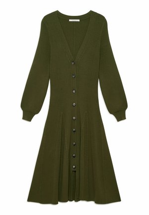 Robe verte olive à manches longues côtelées avec un col en V et une fermeture à boutons sur toute la longueur. Dispose d'une jupe évasée et d'une texture subtile.