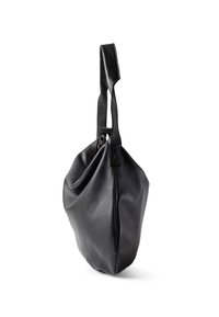 Mustassa nahkalaukussa on pehmeä ja renno tapa, jossa on kaksi lyhyttä kahvaa ja vetoketjukiinnitys. Ulkopuolella ei ole koristeita.