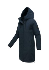 Marineblauwe parka jas met een met bont gevoerde capuchon, ritssluiting aan de voorkant, trekkoorden, zijzakken en verstelbare manchetten. Glad, waterafstotend materiaal.
