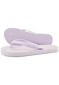 Purple flip-flops made of soft rubber, featuring smooth textured straps and a ridged footbed with smiley face patterns and "FOCUS ON HAPPY" text.