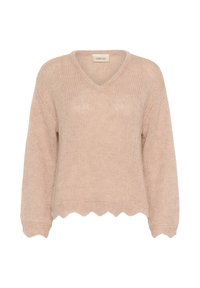 Pullover a V in morbido tessuto beige chiaro, con maniche lunghe e orlo a onde per aggiungere texture.