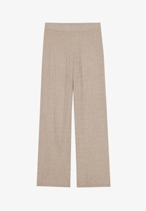 Beige wide-leg pants with ribbed texture and elastic waistband. Soft knit fabric features a subtle pattern throughout.