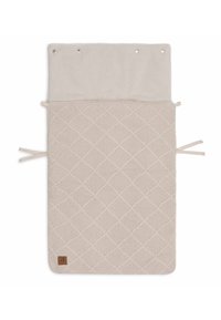 Beige katoenen verschoonmat met een textuur van ruitjespatroon, zachte fleecetop en stoffen strikken; heeft een reliëflogo in de onderste hoek.
