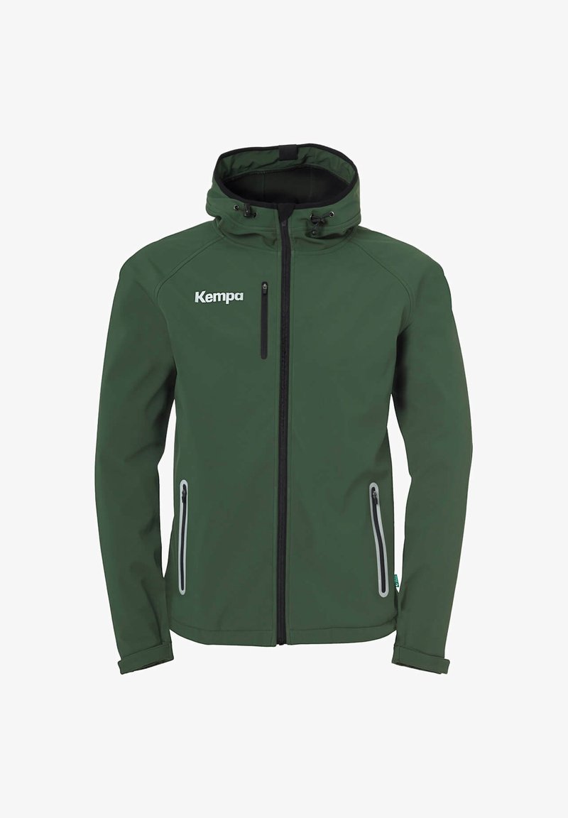 Green softshell jacket with a hood, zipped front, two side pockets with zippers, and a white logo on the upper left. Smooth texture.