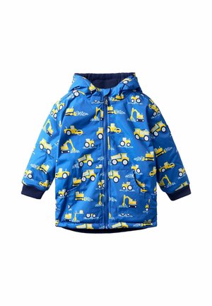 Giubbotto imbottito blu con cappuccio, decorato con motivi di veicoli da costruzione gialli, polsini elastici e zip frontale. Fodera interna morbida.