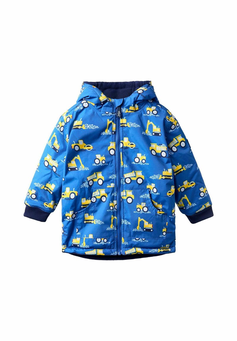 Giubbotto imbottito blu con cappuccio, decorato con motivi di veicoli da costruzione gialli, polsini elastici e zip frontale. Fodera interna morbida.
