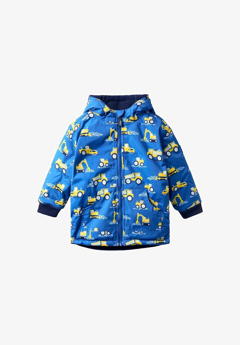 Blaue gepolsterte Jacke mit Kapuze, gelben Mustern von Baumaschinen, elastischen Bündchen und einem Frontreißverschluss. Weiche Innenseite.