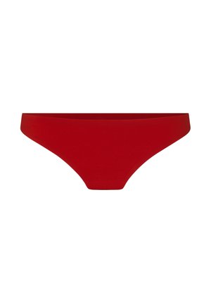 Roter Bikini-Slip mit niedrigem Bund und nahtlosen Kanten, vor weißem Hintergrund dargestellt.