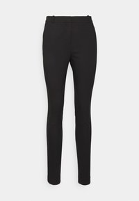 Zwarte skinny broek van een gladde, stretchy stof. Kenmerkt zich door een aansluitend ontwerp, riemlussen en een strakke, gestroomlijnde silhouet.
