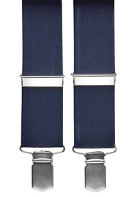 Siniat siniset joustavat suspenderit hopeisilla metallisulkijoilla, joissa on teksturoitu pinta ja suorakulmainen muoto, suunniteltu säädettävään istuvuuteen.