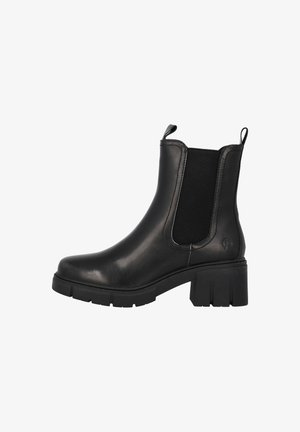 Schwarze Chelsea-Stiefel aus glattem Leder mit elastischen Seitenpanels und einem robusten Gummiabsatz, der ein strukturiertes Profilmuster aufweist.