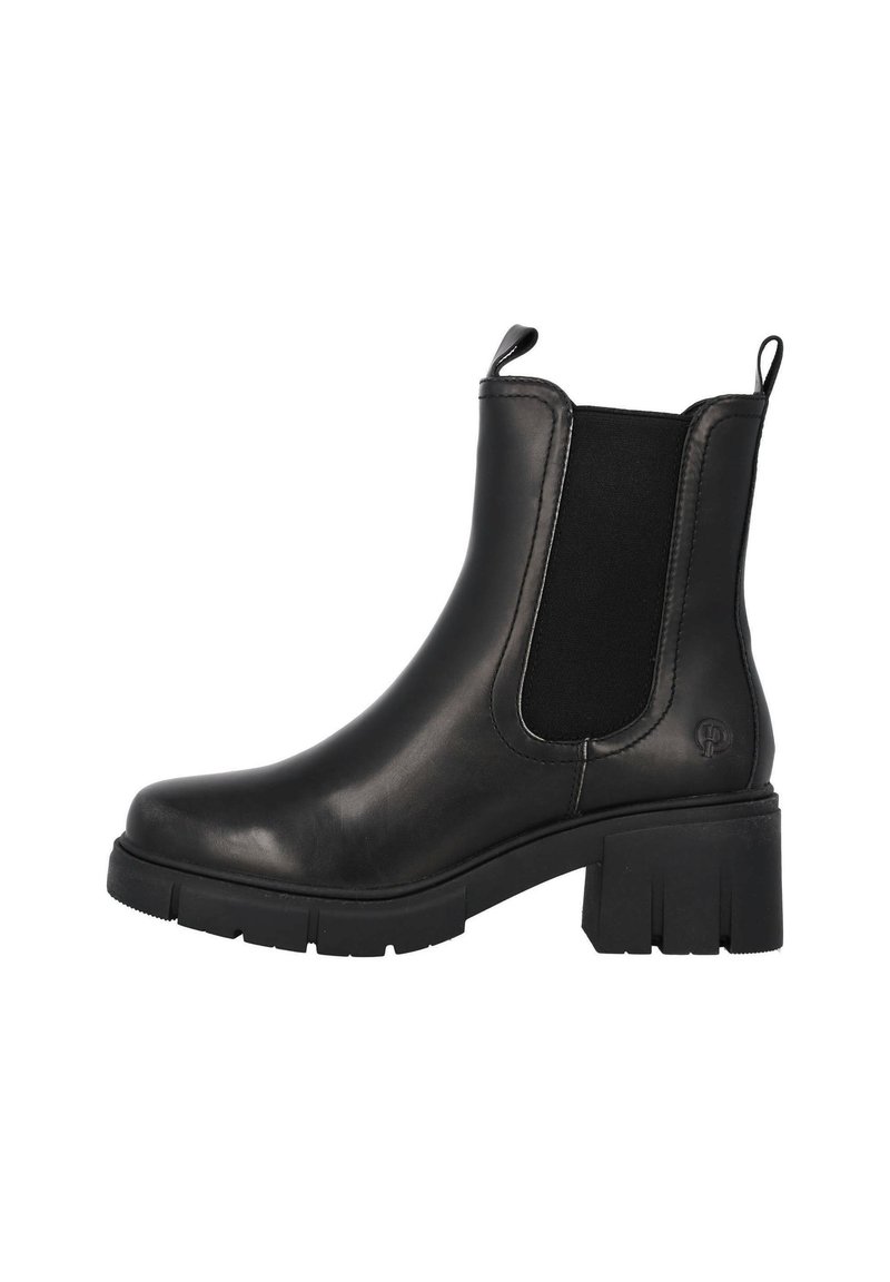 Botas Chelsea negras de piel suave, con paneles laterales elásticos y un tacón de goma grueso que presenta un patrón de tracción texturizado.