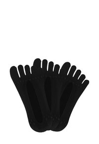 Schwarze Zehensocken mit fünf separaten Abschnitten für jeden Zeh. Weiches Material und nahtloses Design für Komfort. Rutschfeste Muster auf den Sohlen.