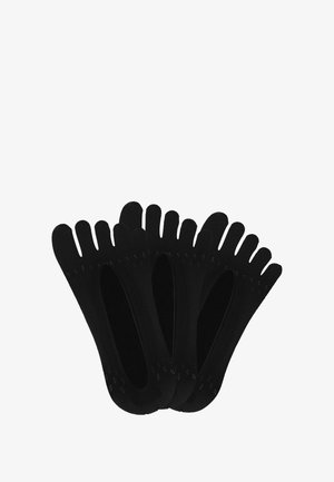 Schwarze Zehensocken mit fünf separaten Abschnitten für jeden Zeh. Weiches Material und nahtloses Design für Komfort. Rutschfeste Muster auf den Sohlen.