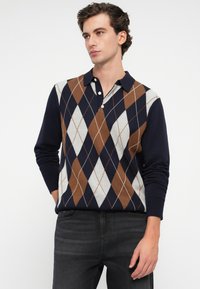 Herren-Polo-Pullover mit einem dunkelblauen, braunen und weißen Rautenmuster. Hergestellt aus Strickstoff mit einem Kragen und einer Knopfleiste mit drei Knöpfen.