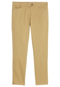 Beige suorat housut, joissa on etutaskut, vyölenkit, napin sulkumekanismi ja pienet sivuhalkiot helmassa.