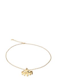 Collar de cadena de oro con un colgante central en forma de ojo, con la parte superior redondeada y acentos puntiagudos en la parte inferior. Cierre ajustable en la parte trasera.