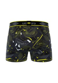 Boxers noirs avec un motif géométrique en jaune, blanc et gris. Comprend une taille noire avec le logo "Umbro" et un tissu texturé.