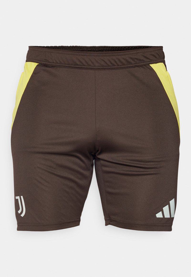 Shorts de sport marron avec des panneaux latéraux jaunes, taille élastique, texture lisse, et logos imprimés sur la jambe gauche et le côté droit.