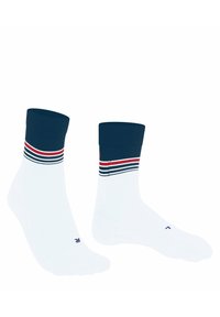 Białe skarpetki z granatowym ściągaczem, ozdobione poziomymi czerwonymi i granatowymi paskami. Wytrzymała struktura z oznaczeniami L i P dla lewej i prawej stopy.