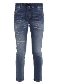 Sinisiä farkkujuoksuhousuja, joissa on joustava vyötärö, musta nyöri, etutaskut ja kuluneita kohtia reiden ja polven alueella.